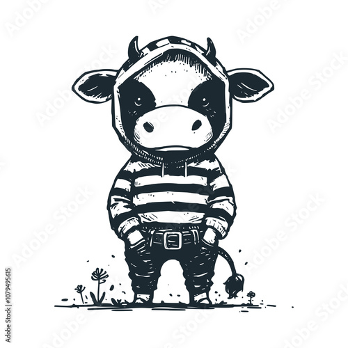 Cow wearing striped shirt with hands in pants pockets. Black white vector illustration.