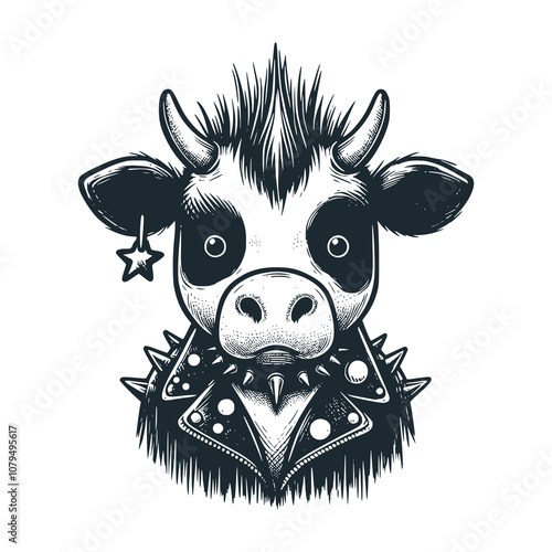 Fierce cow with hair standing up. Punk cow. Black white vector illustration.