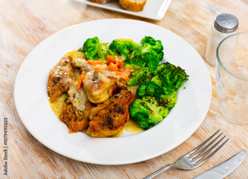 Fried chicken fillet served on plate with broccoli. Hearty healthy lunch Fried chicken fillet served on plate with broccoli. Hearty healthy lunch