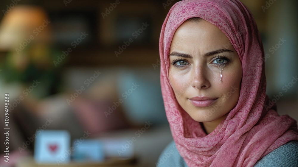 A woman in a pink hijab with a tear, reflecting emotion and depth. A woman in a pink hijab with a tear, reflecting emotion and depth.