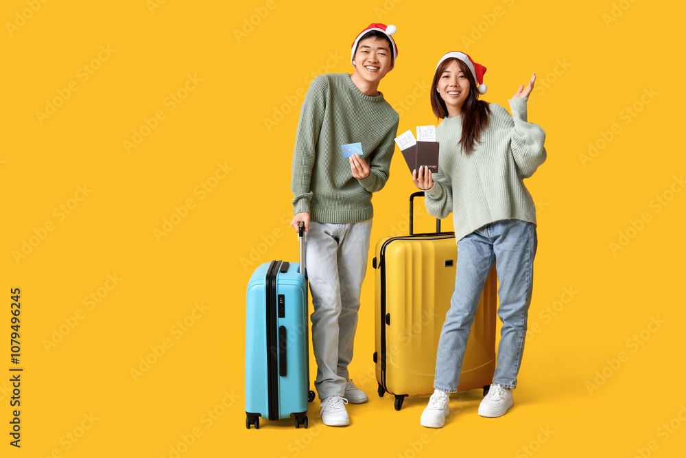 Beautiful young Asian couple in Santa hats with passports, credit card and suitcases on yellow background. Christmas celebration Beautiful young Asian couple in Santa hats with passports, credit card and suitcases on yellow background. Christmas celebration