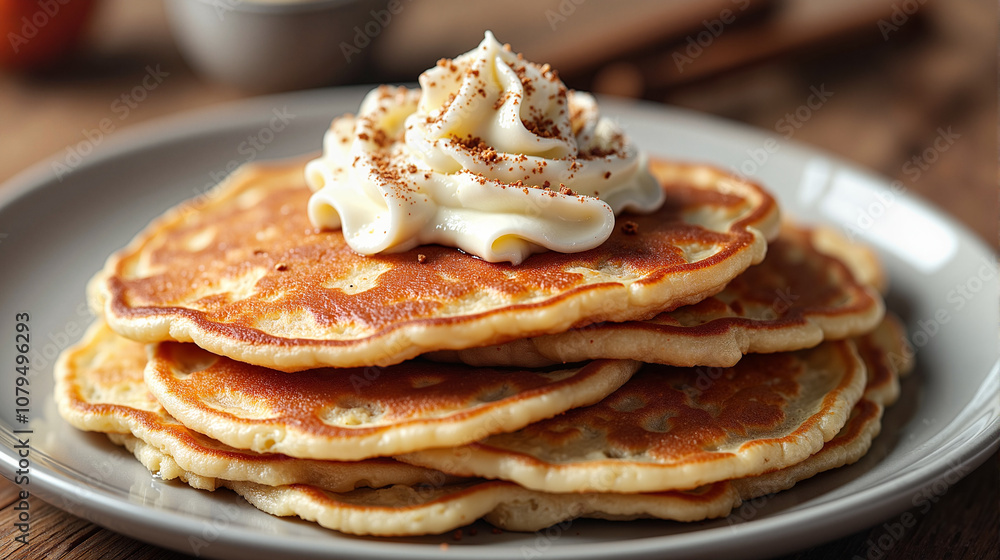 Golden buckwheat pancakes with whipped cream on white plate Golden buckwheat pancakes with whipped cream on white plate