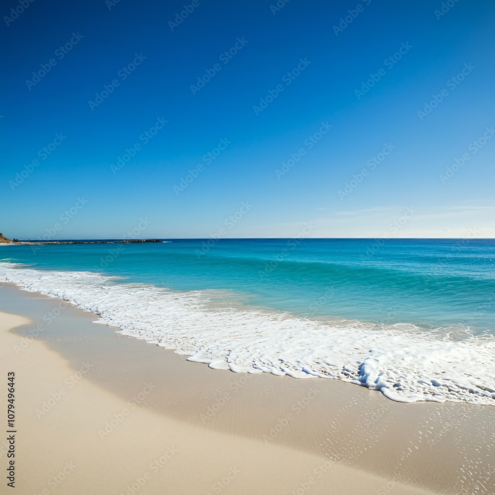 Relaxing beach scene with white sand, turquoise water, and gentle waves Relaxing beach scene with white sand, turquoise water, and gentle waves