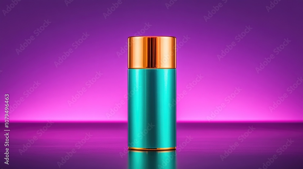 Colorful cosmetic bottle on reflective surface with vibrant background Colorful cosmetic bottle on reflective surface with vibrant background
