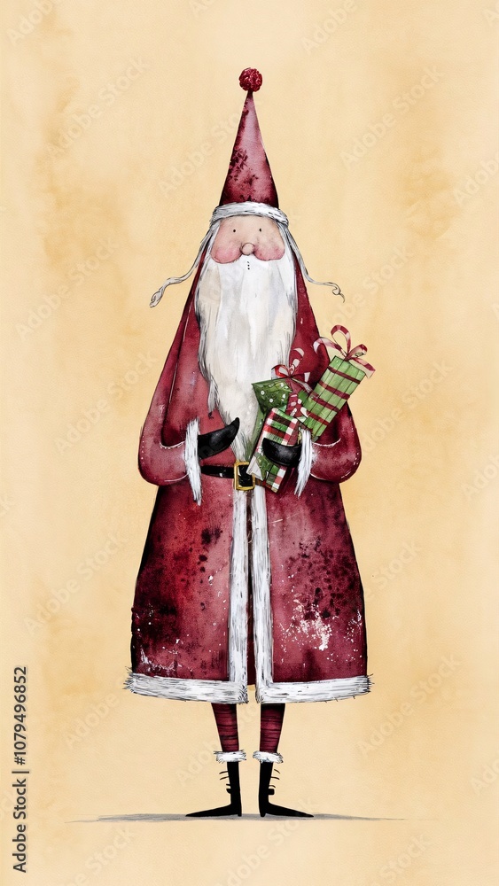 Obraz premium Vintage, folkart, Santa Claus, whimsical, red hat, pointy hat, stars, pom-pom, white beard, rosy cheeks, smiling, jolly, rustic, primitive, Christmas, holiday, nostalgic, hand-painted, artwork