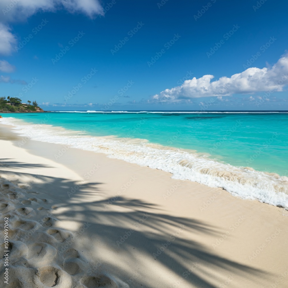 Fototapeta premium Relaxing beach scene with white sand, turquoise water, and gentle waves