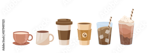 Set of coffee drinks. Cups with hot drinks and beverages. Cappuccino and mochaccino, latte. Cafe or coffe shop menu. Social media stickers. Flat vector collection isolated on white background