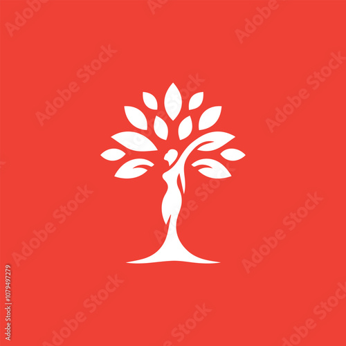 feminine silhouette woman integrated with a stylized tree logo design symbolizing harmony and nature