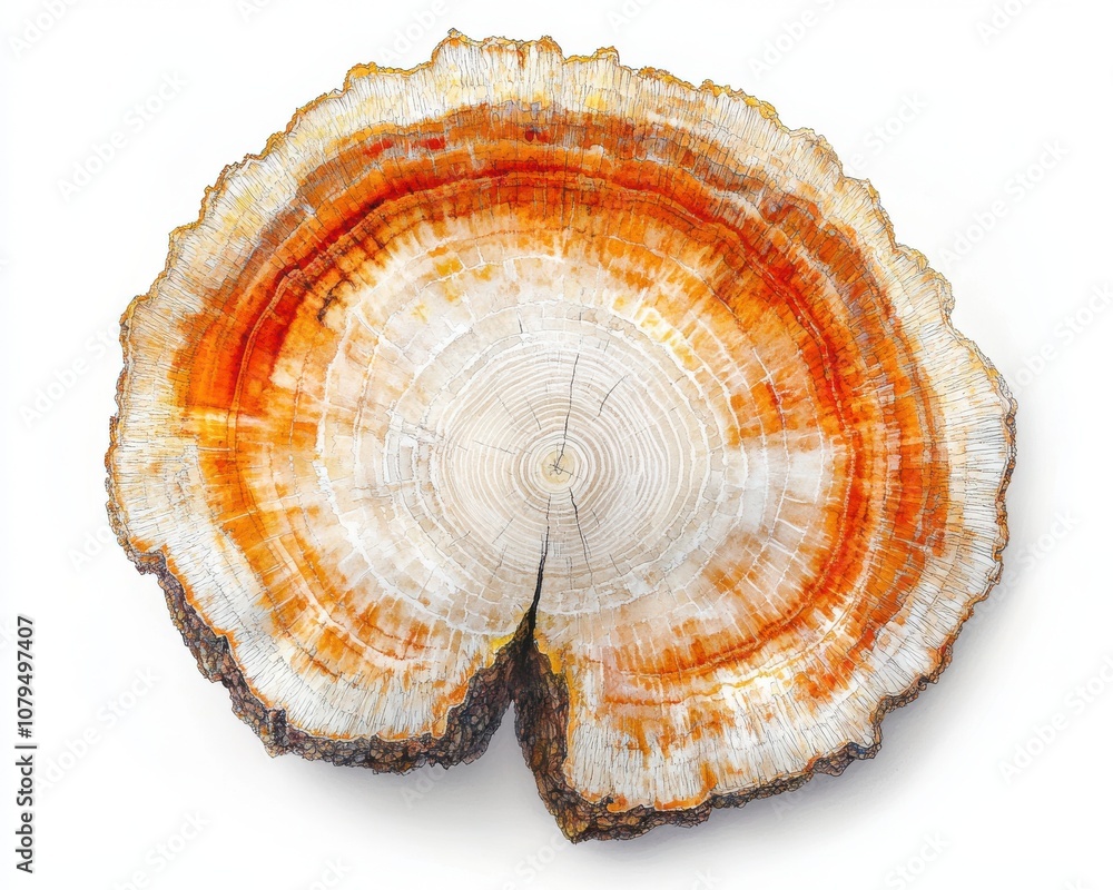 Wooden tree cross section with intricate rings and textures, white isolated background. Wooden tree cross section with intricate rings and textures, white isolated background.