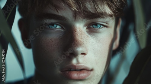 Close-up portrait of a young person with striking blue eyes.