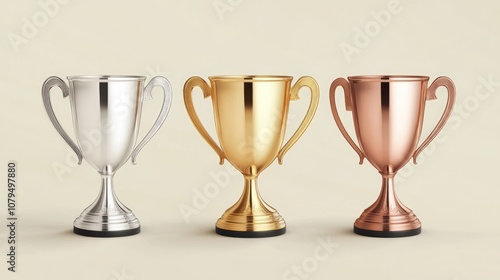 Collection of shiny trophy cups in gold silver and bronze isolated on a clean background