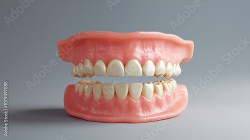 Dental prosthesis for oral care highlighting prosthetic dentistry Set of dentures displayed on a sleek gray background focusing on dental implants for elderly healthcare