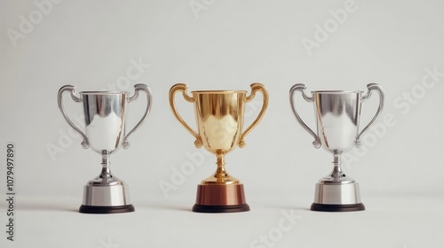 Collection of shiny trophy cups in gold silver and bronze isolated on a clean background