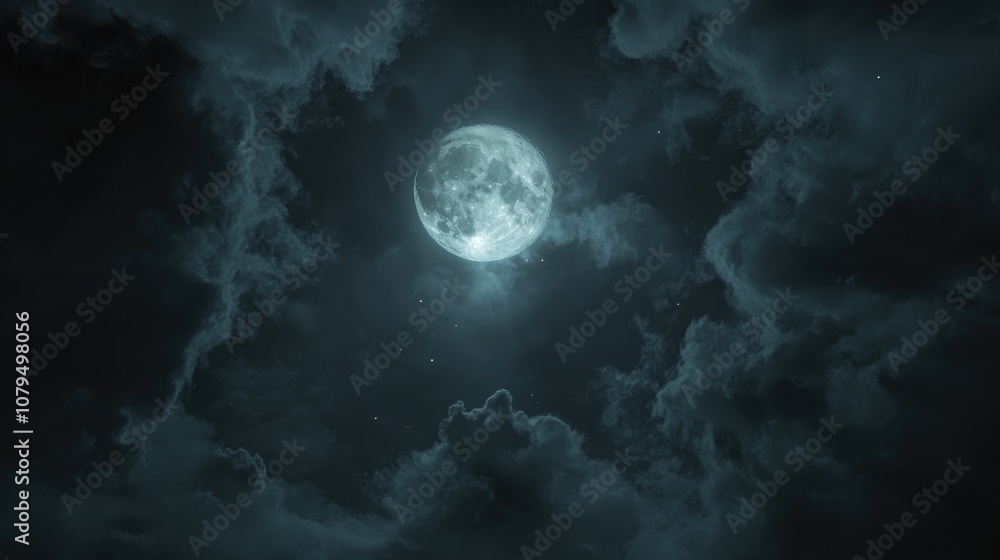 Full moon illuminating a night sky filled with mysterious clouds evoking a spooky horror themed atmosphere Full moon illuminating a night sky filled with mysterious clouds evoking a spooky horror themed atmosphere