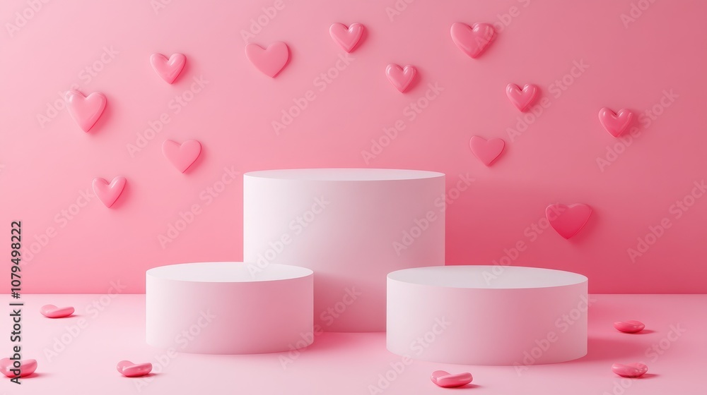 3D rendered illustration of round cylindrical podiums set against a pink backdrop featuring hearts Empty platforms suitable for product display and promotional mockups related to love themed event 3D rendered illustration of round cylindrical podiums set against a pink backdrop featuring hearts Empty platforms suitable for product display and promotional mockups related to love themed event