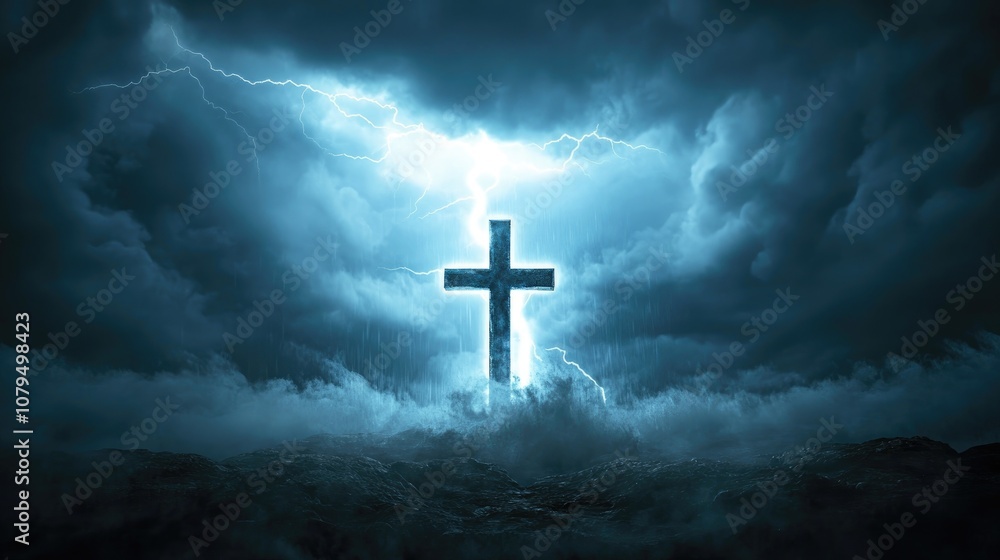 Striking Cross Lit by Lightning in a Stormy Sky Symbolizing Strong Faith Concept Striking Cross Lit by Lightning in a Stormy Sky Symbolizing Strong Faith Concept