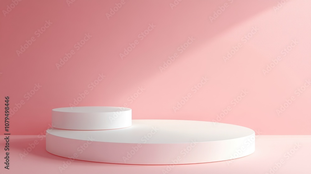 3D rendered geometric shapes with a white podium on the floor featuring abstract platforms for product presentation against a soft pink pastel background 3D rendered geometric shapes with a white podium on the floor featuring abstract platforms for product presentation against a soft pink pastel background