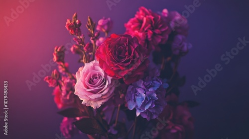 Wallpaper Mural A vibrant bouquet of pink and red roses, carnations, and hydrangeas against a purple background. Torontodigital.ca