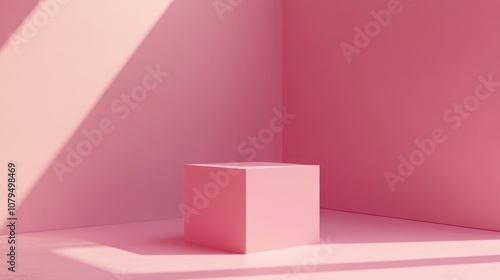 3D render illustration of a geometric minimal design concept featuring a pastel pink cube podium or pedestal background providing an empty space for product showcase and advertising purposes