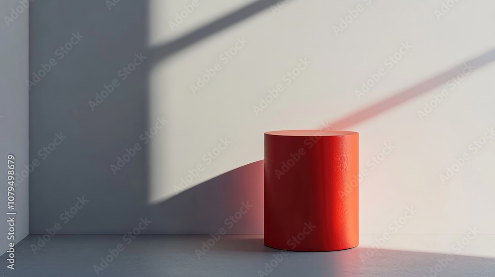 Minimalistic red podium with studio lighting A solitary cylinder set against a light gray background featuring rings of varying diameters and colors in pastel shades 3D rendering Minimalistic red podium with studio lighting A solitary cylinder set against a light gray background featuring rings of varying diameters and colors in pastel shades 3D rendering