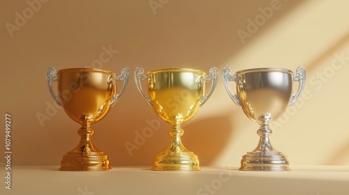 3D Render of Trophy in Gold Silver and Bronze for Winners