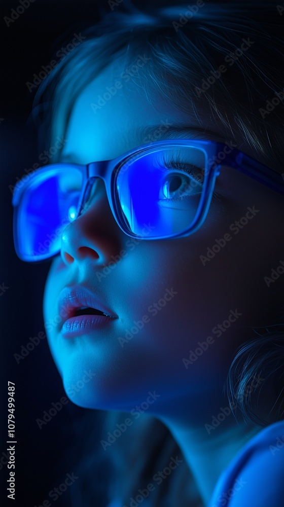 Young Girl with Blue Light Blocking Glasses Looking at a Screen in the Dark, Eye Care and Blue Light Protection Young Girl with Blue Light Blocking Glasses Looking at a Screen in the Dark, Eye Care and Blue Light Protection