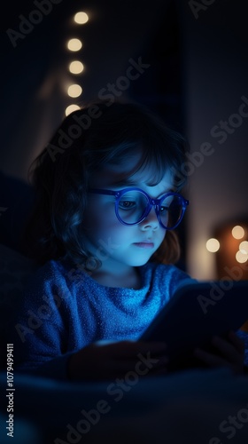 Young Girl with Blue Light Blocking Glasses Looking at a Screen in the Dark, Eye Care and Blue Light Protection