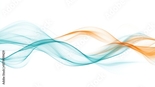 Abstract flowing waves in turquoise and orange colors, creating a dynamic visual effect.