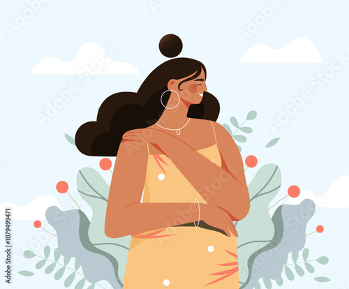 Love yourself concept. Woman hugs herself. Mental and psychological health. Positive and optimistic. Selfconfidence and selfacceptance. Flat vector illustration isolated on white background