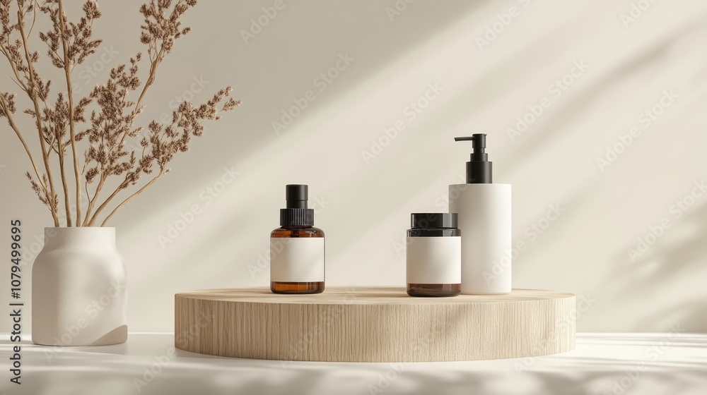 Minimalist wood podium for product placement with editable colors suitable for showcasing cosmetic products in a mockup Minimalist wood podium for product placement with editable colors suitable for showcasing cosmetic products in a mockup