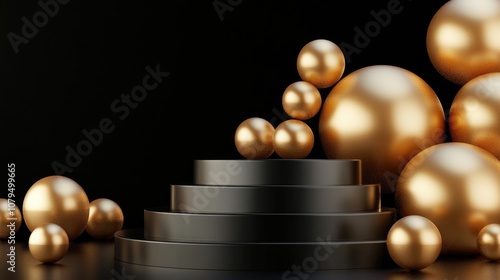 Gold empty product display podium on a black background featuring geometric shapes and spheres A representation of marketing and advertising 3D rendering photo