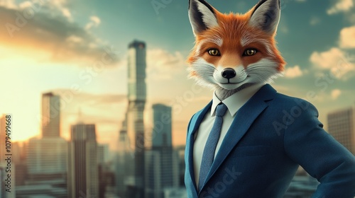 Smart Fox in Stylish Blue Suit with Contemporary Office Skyline Background photo