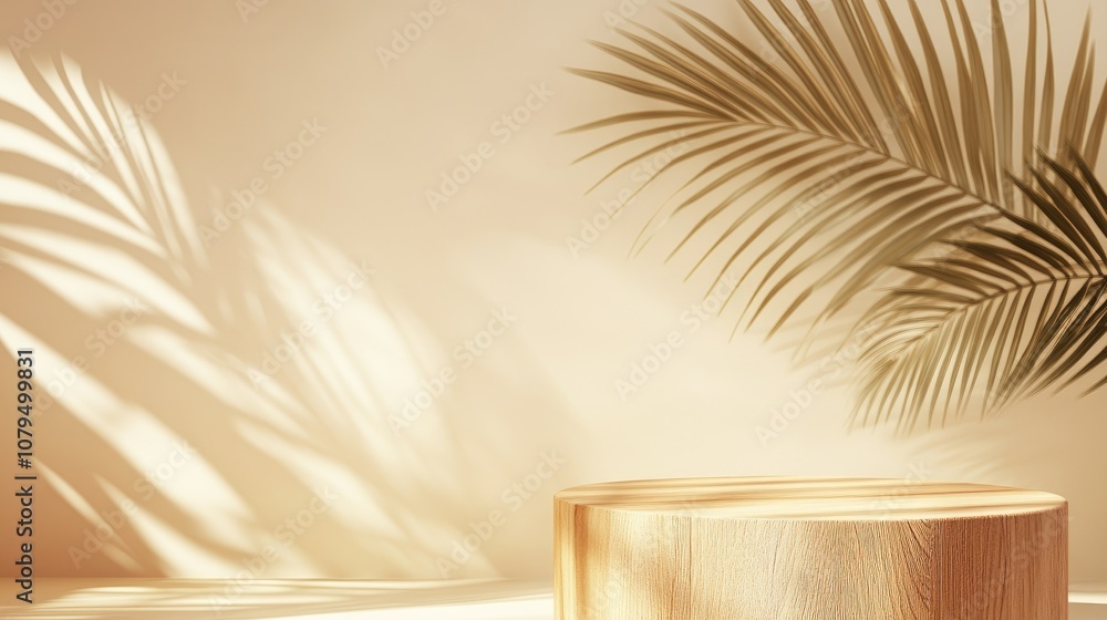 Light beige and pastel orange 3D rendering of a simple minimal wooden podium background featuring a palm leaf shadow designed for showcasing natural products on a cylindrical stand Light beige and pastel orange 3D rendering of a simple minimal wooden podium background featuring a palm leaf shadow designed for showcasing natural products on a cylindrical stand