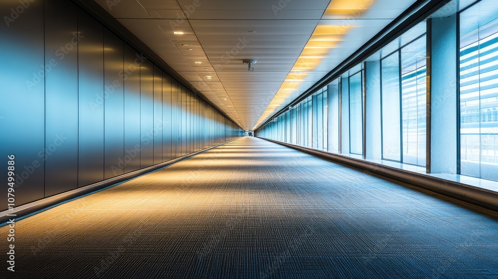 Fototapeta premium Modern Architectural Corridor with Soft Lighting and Floor-to-Ceiling Windows Creating a Spacious and Inviting Atmosphere in an Urban Setting