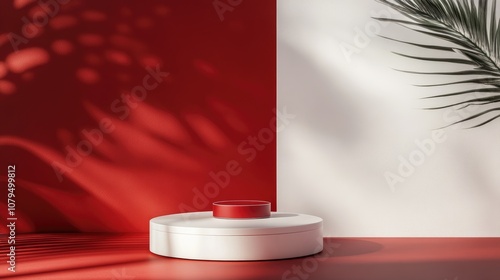 3D podium mockup featuring a red and white theme for product display photo