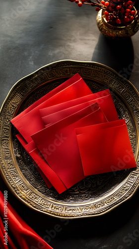 A series of red envelopes (Lai-See) displayed on a decorative tray, symbolizing the tradition of giving money during the New Year to bring good luck. Vertical Chinese new year lunar photo