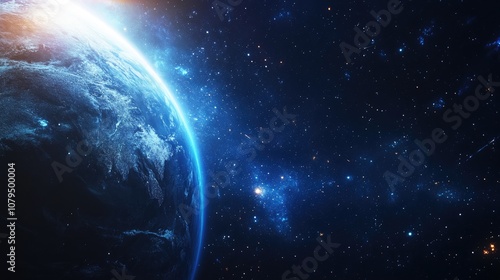 Abstract blue space background featuring Earth and galaxy showcasing a planetary glow Ideal for science and education themes related to outer space photo