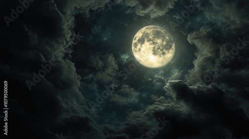 Full moon illuminating a night sky filled with mysterious clouds evoking a spooky horror themed atmosphere