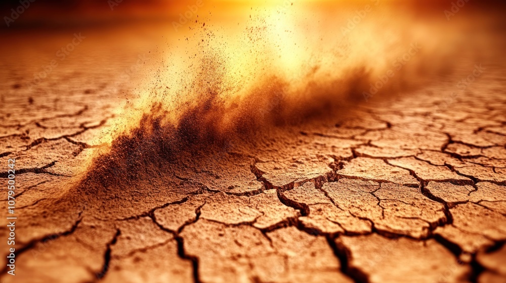 Fototapeta premium Dust cloud exploding on cracked earth.