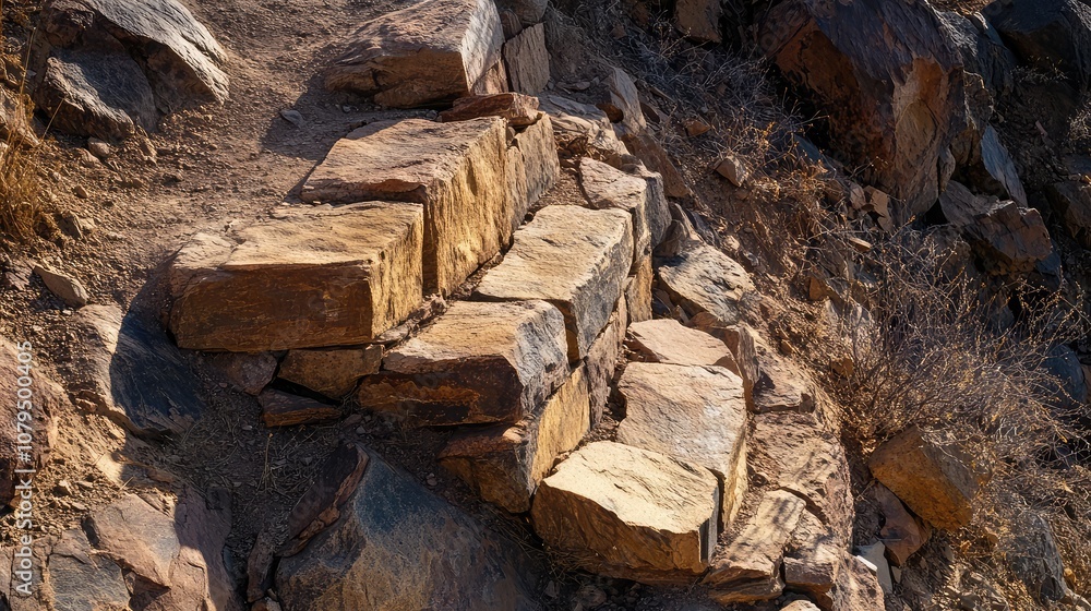 Natural Stone Steps on a Rocky Trail Surrounded by Dry Vegetation in Golden Light of Sunset, Capturing the Beauty of Outdoor Hiking and Exploration Natural Stone Steps on a Rocky Trail Surrounded by Dry Vegetation in Golden Light of Sunset, Capturing the Beauty of Outdoor Hiking and Exploration