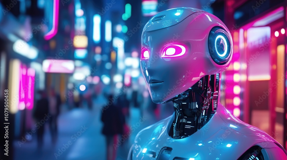 Humanoid robot with illuminated face in a vibrant neon cityscape showcasing advanced AI technology within an urban environment Humanoid robot with illuminated face in a vibrant neon cityscape showcasing advanced AI technology within an urban environment
