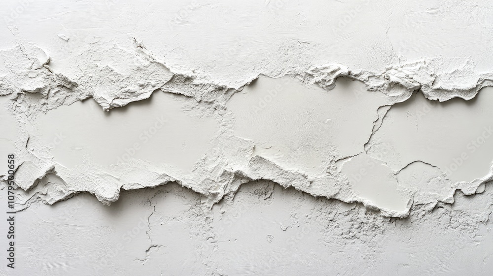 Obraz premium Textured Abstract Wall Surface with Peeling White Plaster and Rough Edges Showcasing Layers and Depth in Modern Minimalist Aesthetic for Design Inspiration