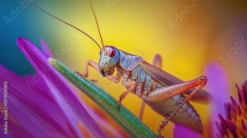 Wallpaper Mural A vibrant green grasshopper perched on a pink flower petal with a blurred background. Torontodigital.ca