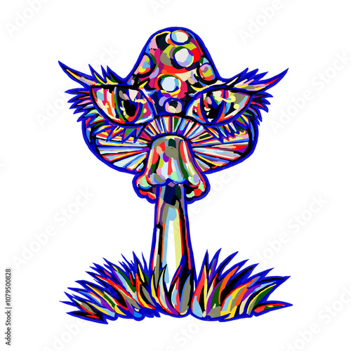 Vector multicolor hallucinogenic mushroom with eyes. Fly agaric on white background. Digital art