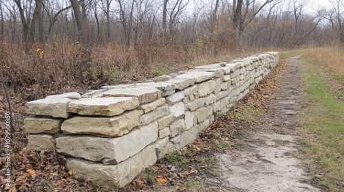 Stone Wall along a Nature Trail in Autumn Surroundings with Bare Trees and Overgrown Grass Enhancing Natural Beauty and Outdoor Exploration