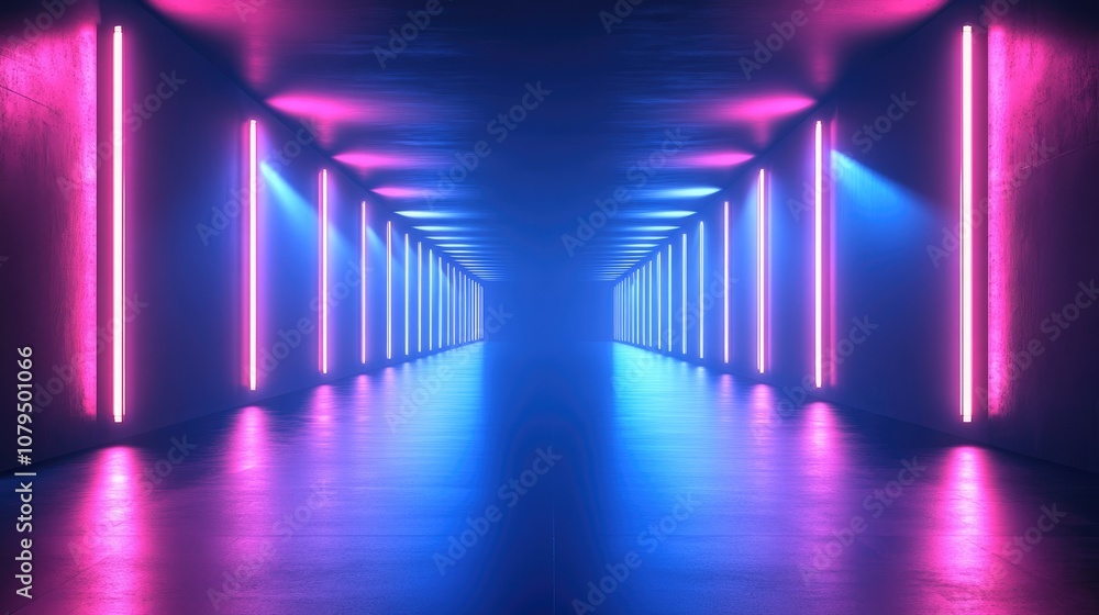 Fototapeta premium Abstract light tunnel with a blue background featuring a portal illuminated by rays neon lights and spotlights A dark empty scene showcases neon elements Symmetrical reflections and perspective in