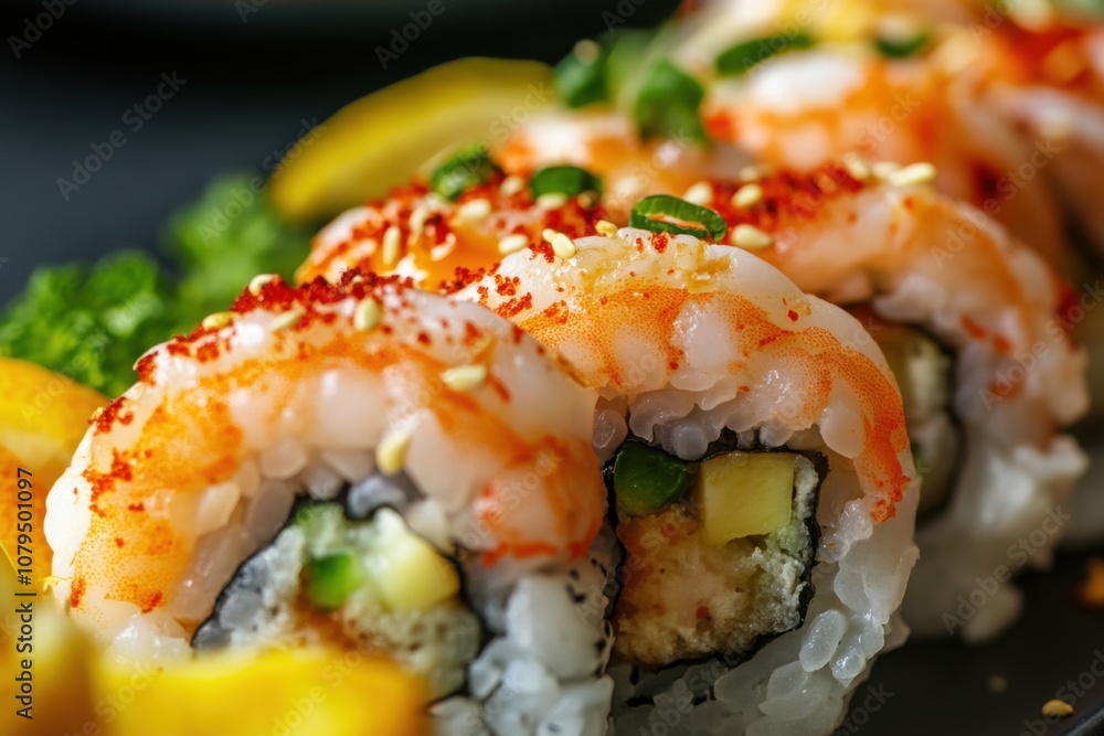 Close-up of shrimp sushi rolls with red pepper flakes and sesame seeds. Close-up of shrimp sushi rolls with red pepper flakes and sesame seeds.