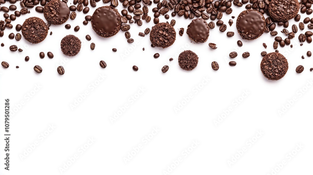 Stylish arrangement of chocolate-coated treats and roasted coffee beans on a white background, creating a delightful visual feast for dessert and beverage lovers. Stylish arrangement of chocolate-coated treats and roasted coffee beans on a white background, creating a delightful visual feast for dessert and beverage lovers.
