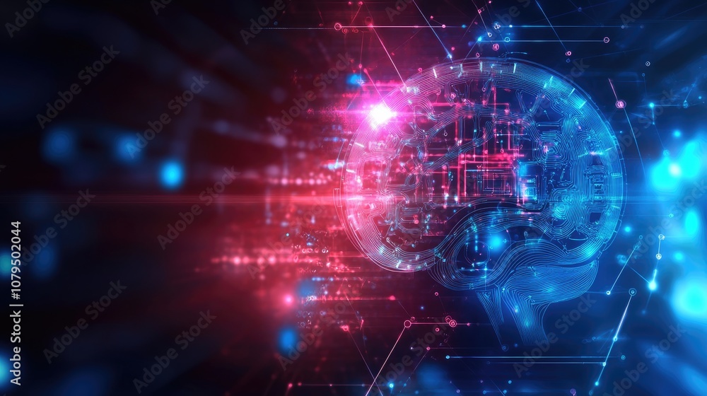 2D illustration depicting the concept of thought featuring a brain backdrop and abstract representation of artificial intelligence Background for technology related themes 2D illustration depicting the concept of thought featuring a brain backdrop and abstract representation of artificial intelligence Background for technology related themes