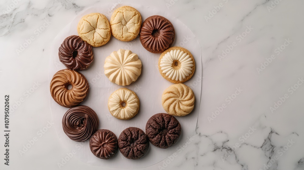 Delicious Assortment of Freshly Baked Cookies in a Circular Arrangement on a Marble Serving Surface, Perfect for Dessert Tables and Sweet Treats Delicious Assortment of Freshly Baked Cookies in a Circular Arrangement on a Marble Serving Surface, Perfect for Dessert Tables and Sweet Treats